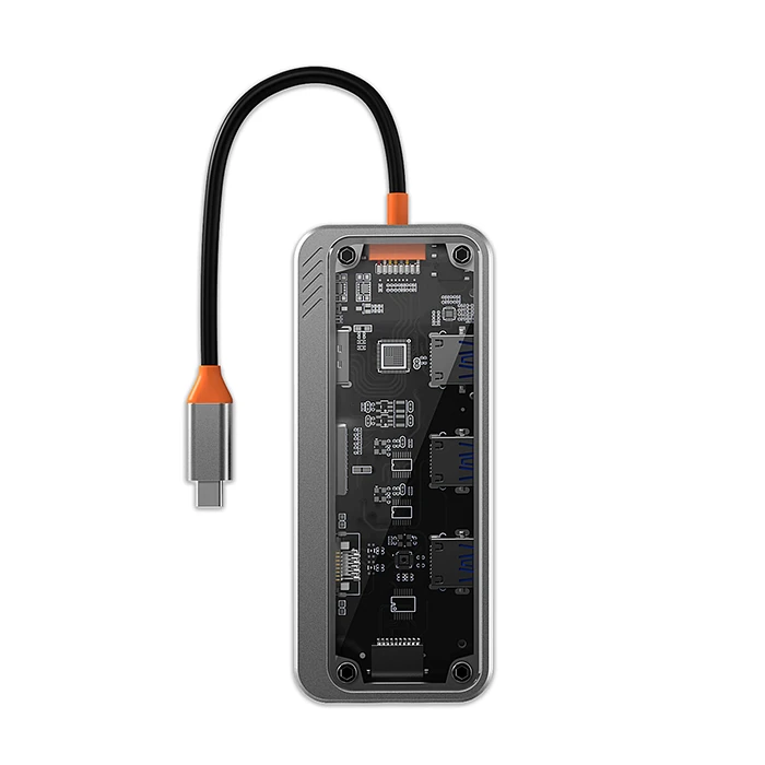 ALLY SW1V-PRO Type-c To USB3.0 3adet+ 3.5mm+ HDMI+ VGA+ SD + TF + Ethernet Çoğaltıcı Transparan Hub-(5775)