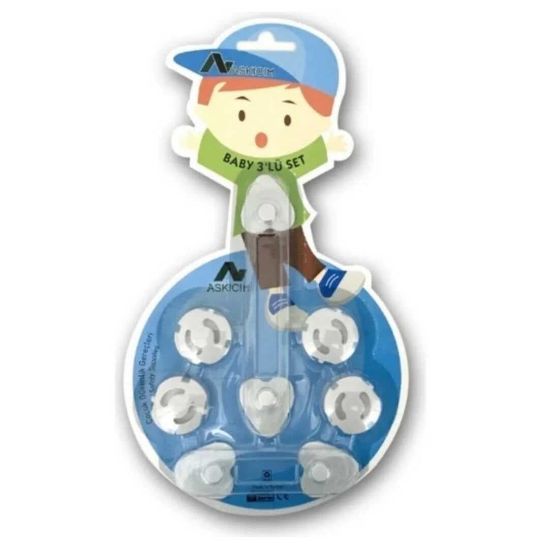 6 Parça Çocuk Güvenlik 3&amp;apos;lü Seti-2 Boy Çekmece,Dolap Kilidi ve 4 Adet Priz İçi Güvenlik Düğmesi (5430)