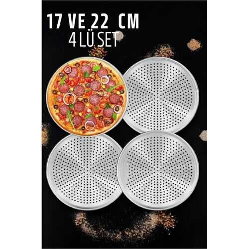 Turk Delikli Pizza Lahmacun Tepsisi Çelik 17 ve 22 CM 4 lü SET