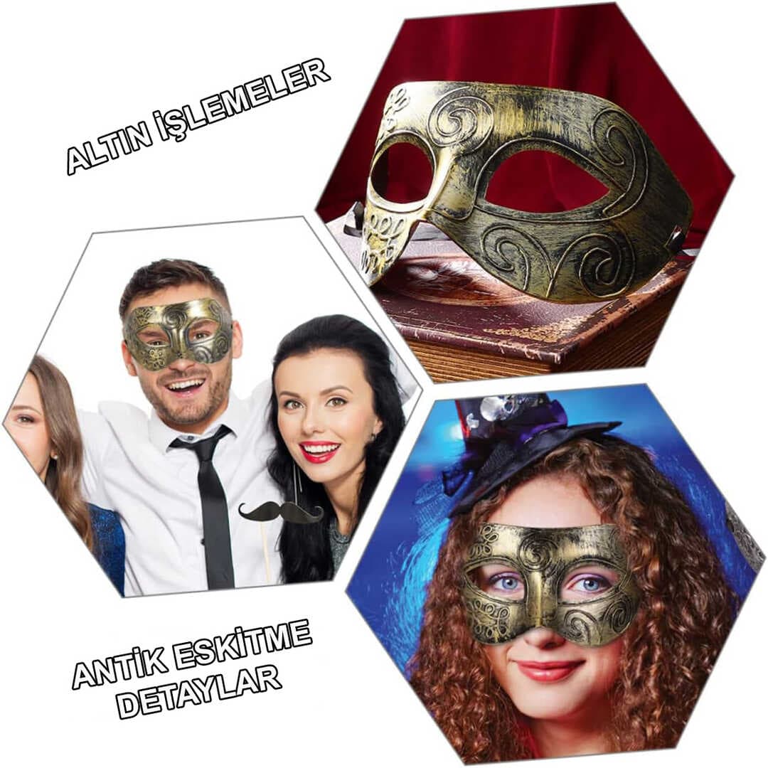 Altın Eskitme Yüz Maskesi - Antik Tarz Balo Maskesi (5430)