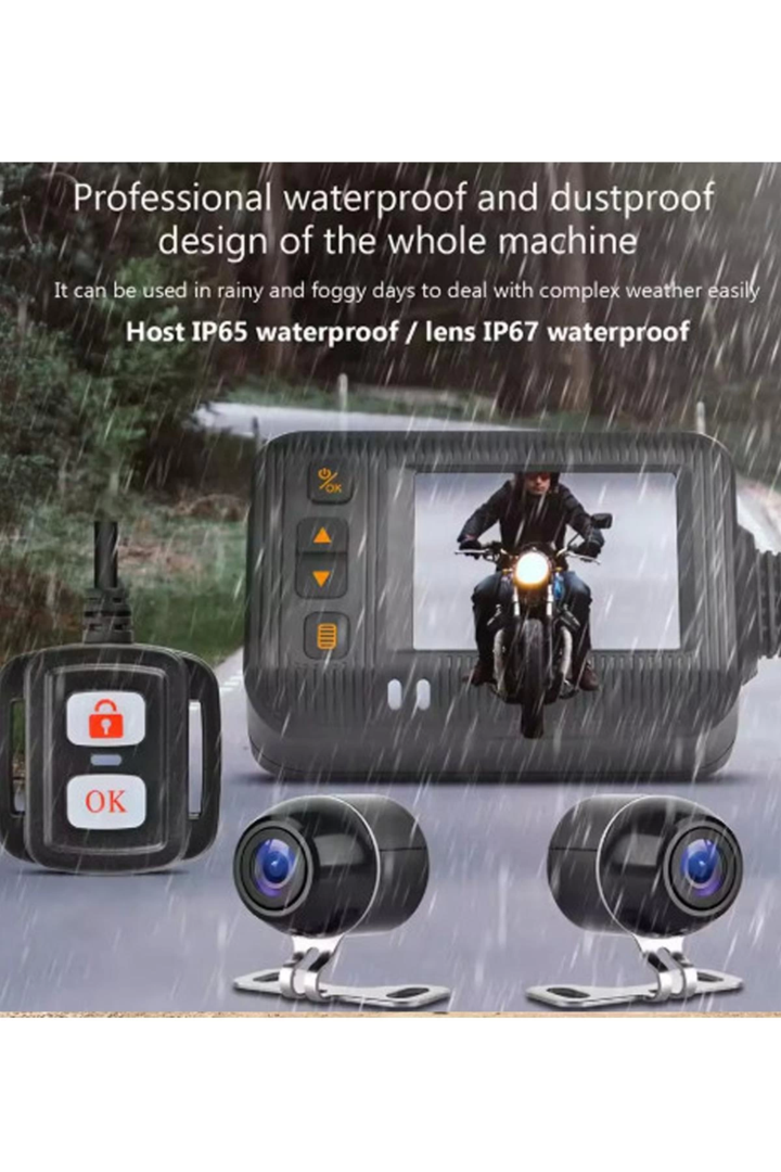 2 İnç Ekran 1080p Motosiklet Ön Ve Arka Görüş Kamerası Kumandalı Gidon Baglantılı