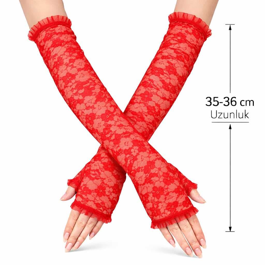 Uzun Zarif Dantel Eldiven Parmaksız Kırmızı 35 cm (5430)