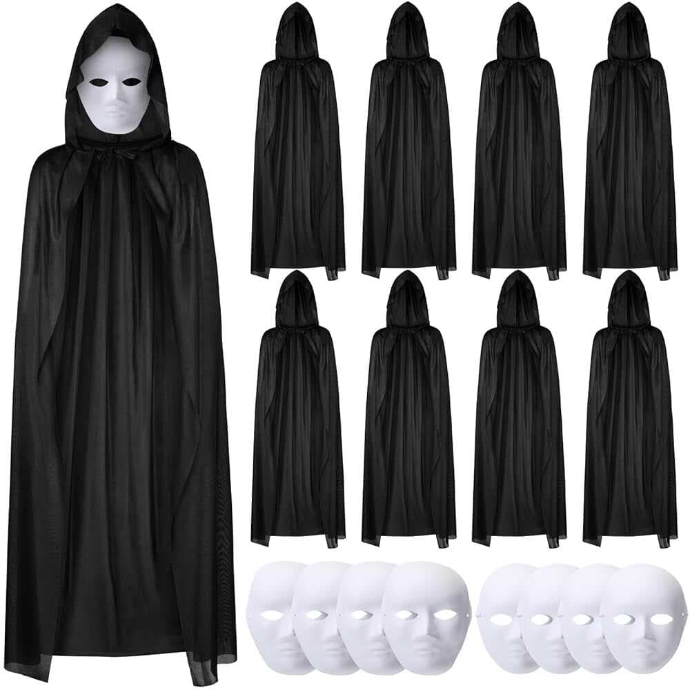 120 cm Siyah Kapüşonlu Pelerin ve Boyanabilir Karton Maske 8’li Set (5430)