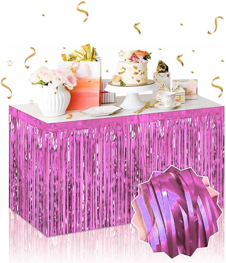 Kendinden Yapışkanlı Pembe Metalize Püsküllü Masa Eteği – 75 x 275 cm Parti Süslemesi (5430)