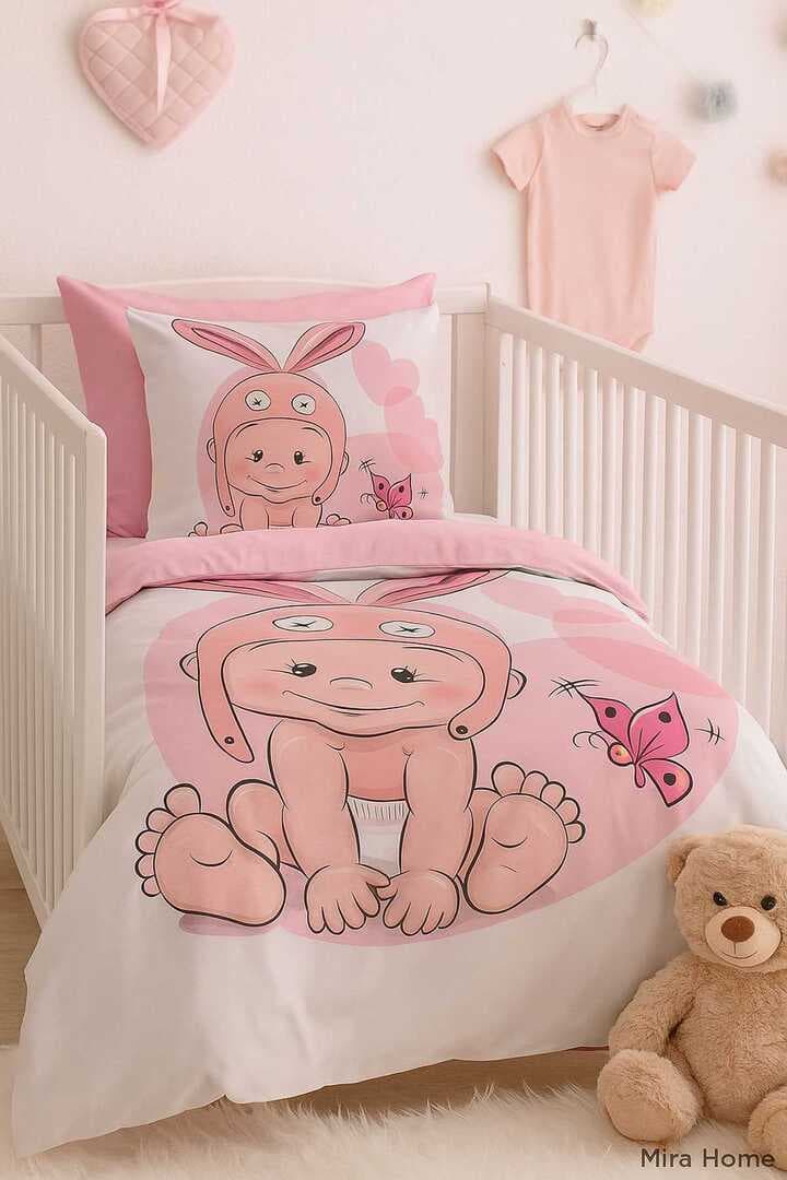 Yenidoğan Kız Bebek Nevresim Takımı %100 Pamuklu Tavşan Kulak