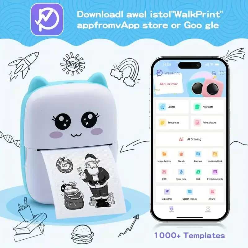 Taşınabilir Yazıcı, Mini Cep Kablosuz Termal Yazıcı Android iOS Akıllı Telefonlar için Uygun, BT Mürekkepsiz Baskı, Etiketler, Fişler, Fotoğraflar, Notlar, Öğrenme (5430)