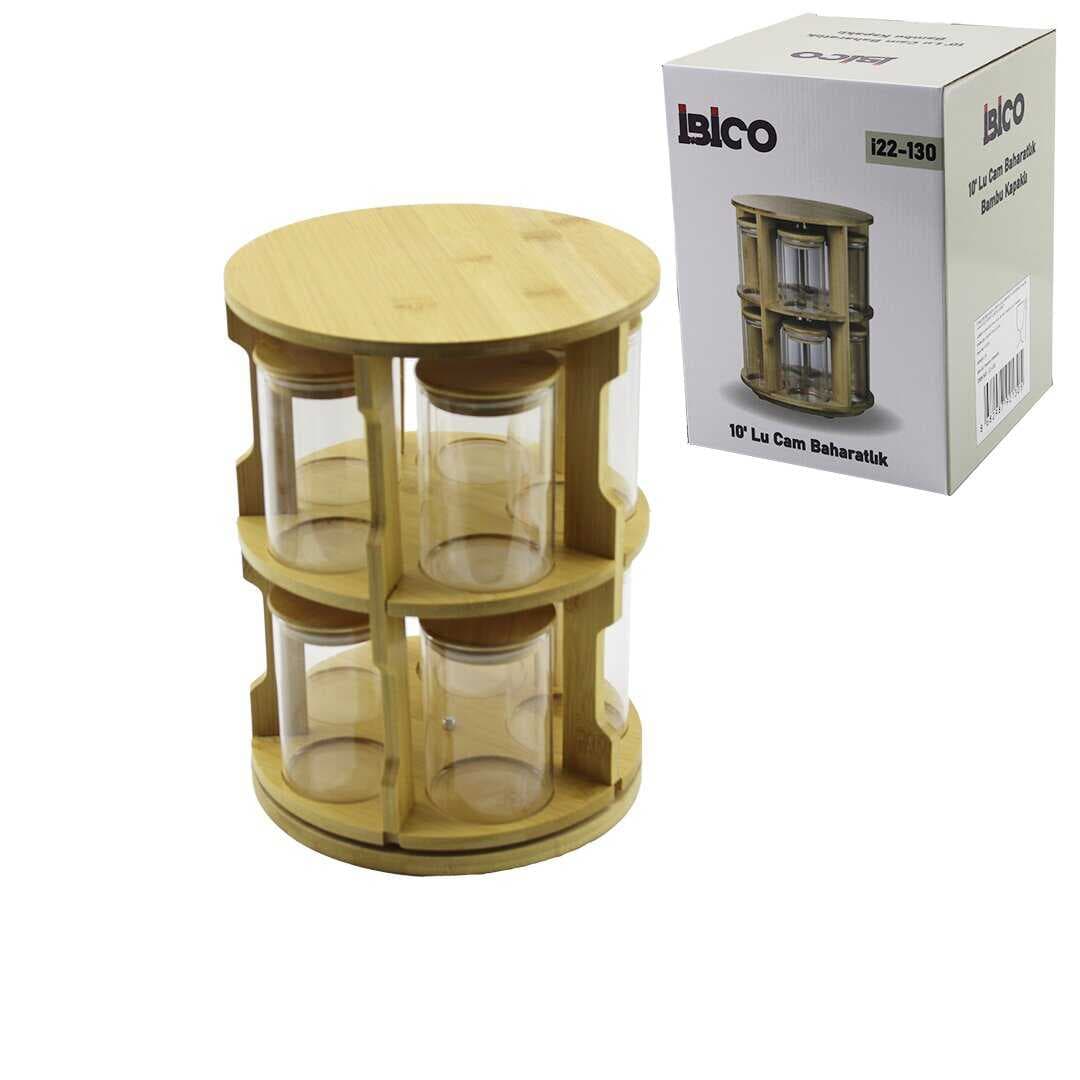 10 PCS YUVARLAK - DÖNER STANDLI CAM - BAMBU KAPAK TUZLUK - BAHARATLIK BAMBU STAND (5430)