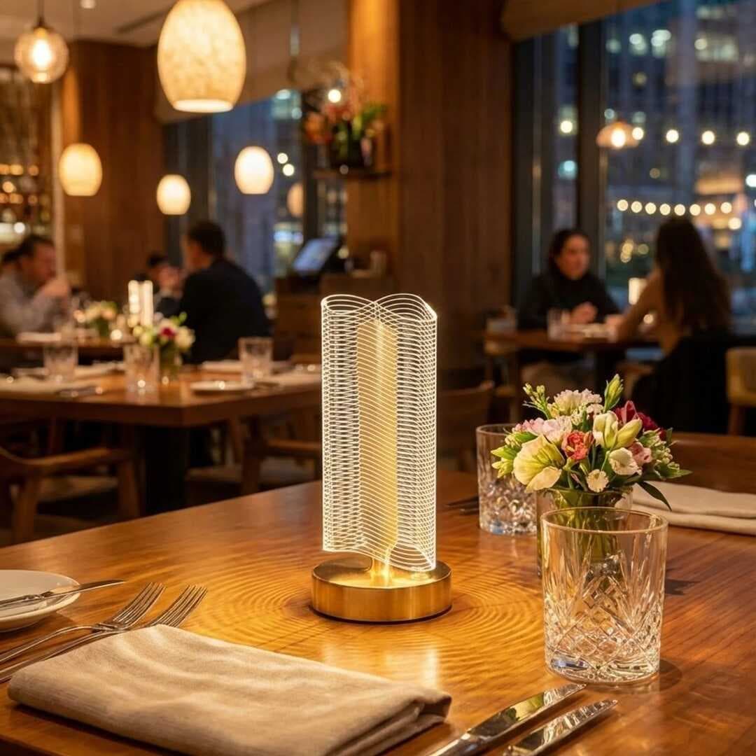 Dalgalı Silindirik Kristal Çizgili Model LED Masa Lambası – Gold Tabanlı, Dokunmatik, 3 Renk Işık Modlu, Şarjlı Modern Dekoratif Gece Lambası (5430)