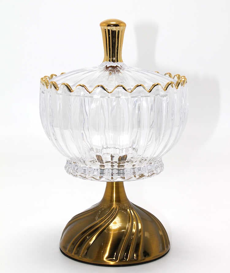 Metal Ayaklı Kristal Cam Şekerlik Gold Detaylı Sunumluk