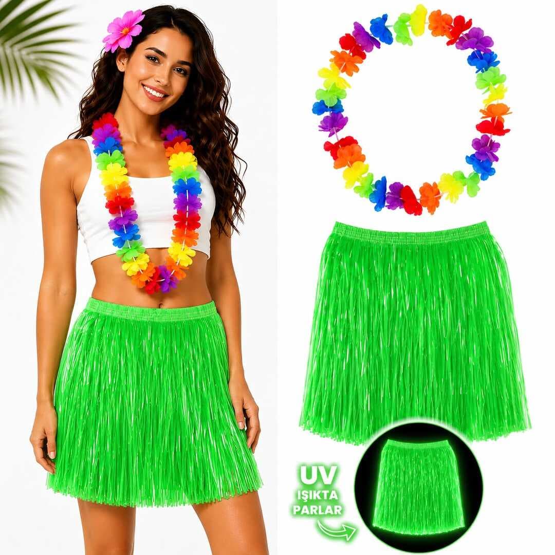 Neon Yeşil Hawaii Etek 40 cm ve Rengarenk Hawaii Kolye (5430)