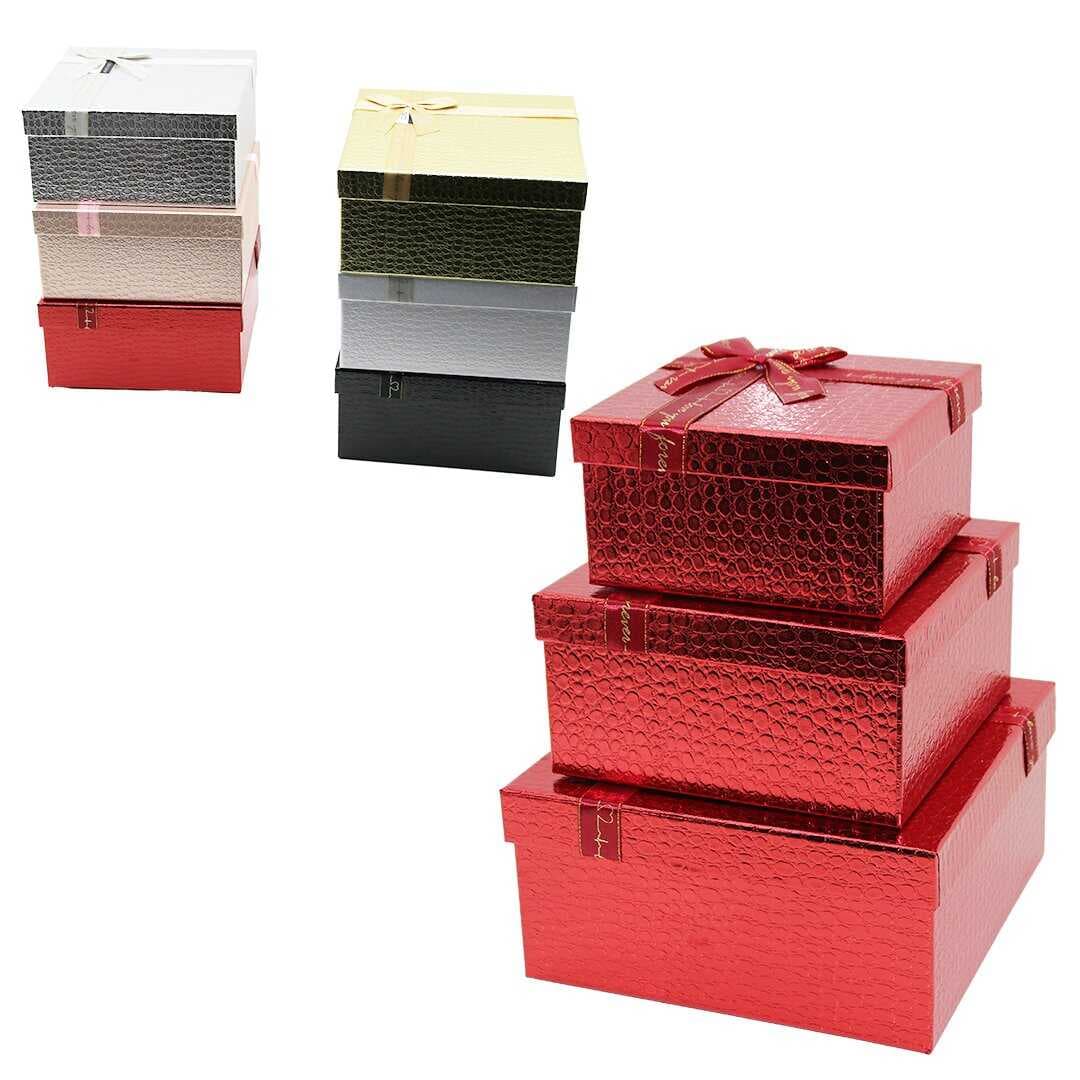 3PCS KARE PARLAK MİX RENKLİ - KABARTMA DESEN KARTON HEDİYE KUTUSU KURDELALI 25-21-17CM (5430)