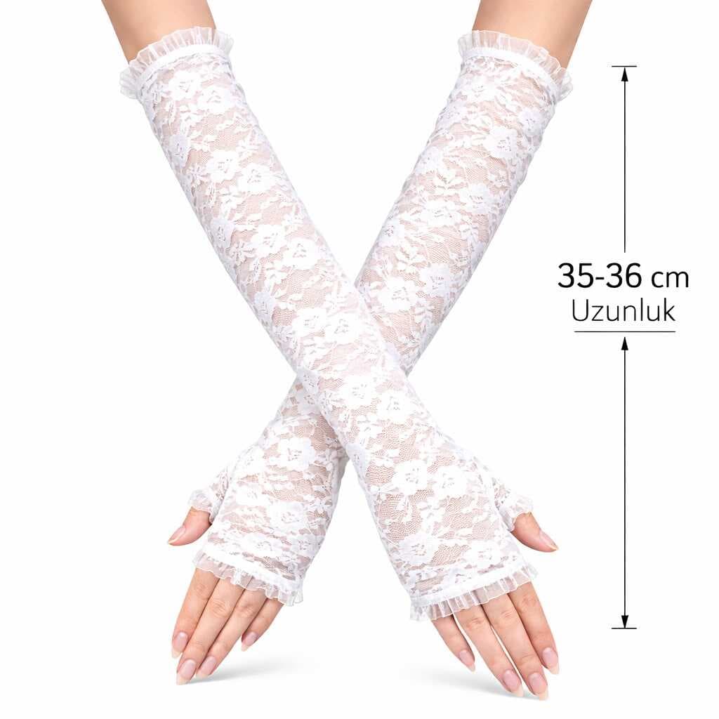 Uzun Zarif Dantel Eldiven Parmaksız Beyaz 35 cm (5430)