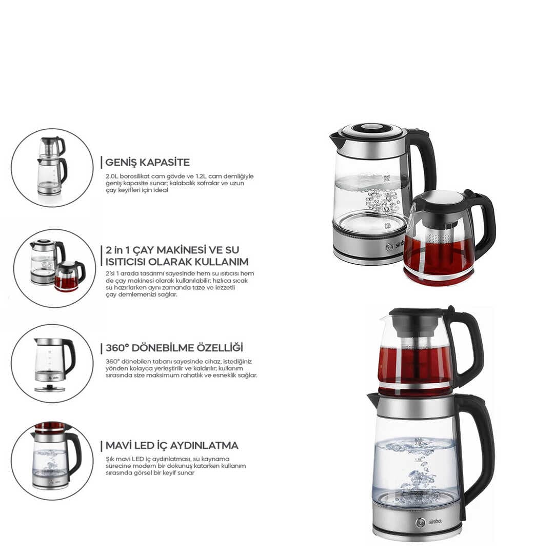 2İN1= ÇAYCI - KETTLE ÇELİK ELEKTRİKLİ ÇAY MAKİNESİ 2LT + 1,2LT ÇAY SÜZGEÇLİ 360° DÖNEBİLİR STM-5990 (5430)
