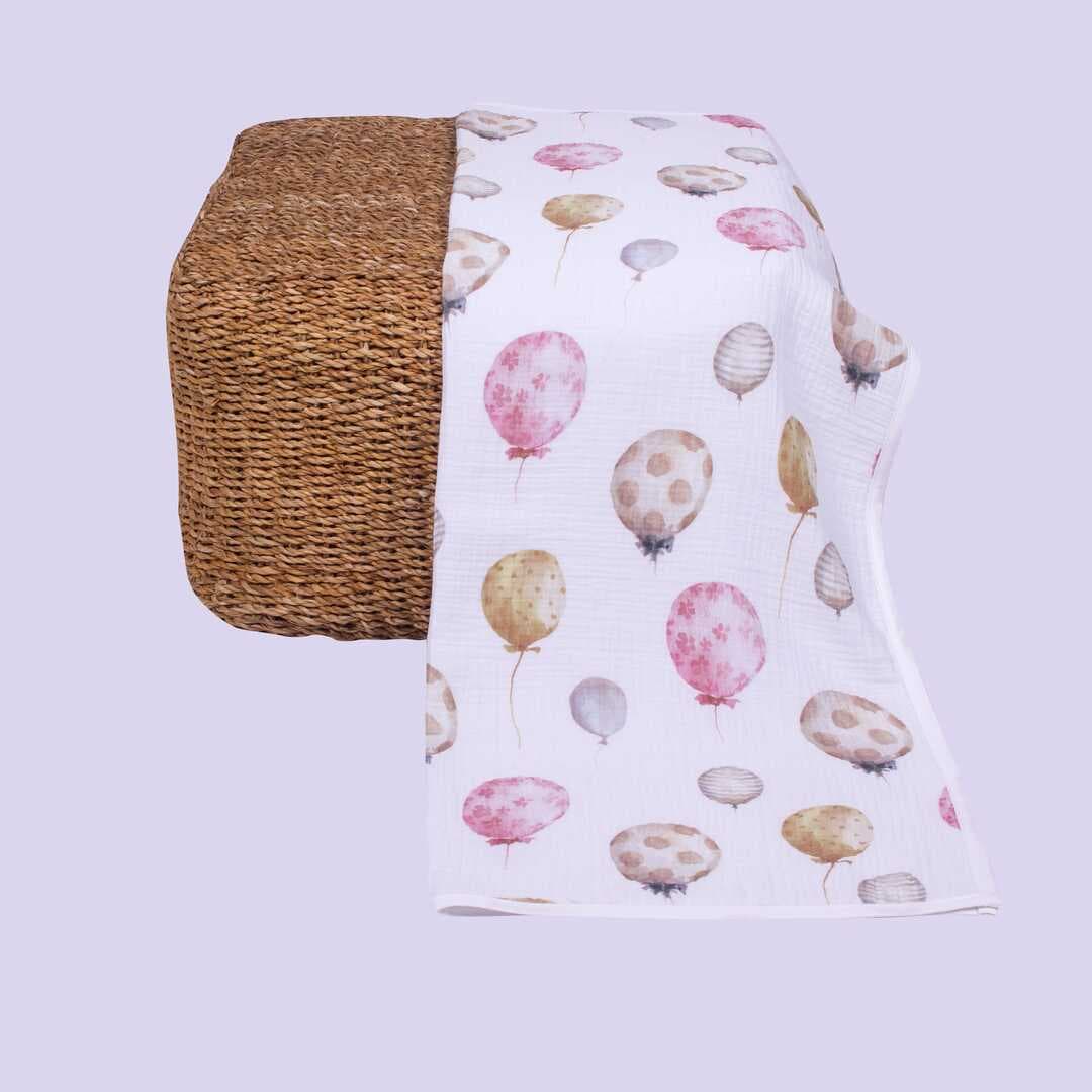 ARBABABY %100 ORGANİK PAMUK 4 KATLI DESENLİ MUSLİN BEBEK BATTANİYESİ - RENKLİ BALONLAR TEMALI