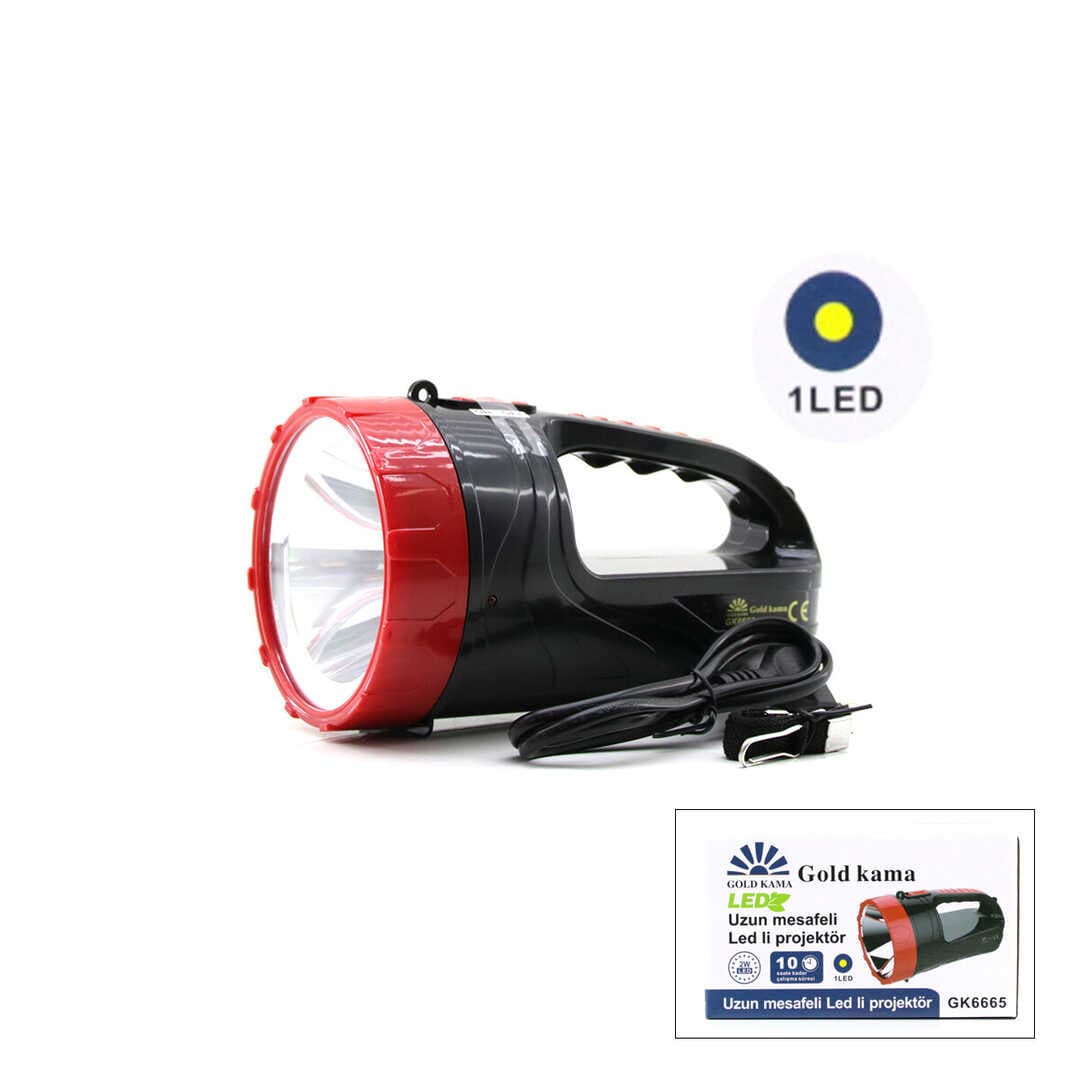 2W TEK LEDLİ EL FENERİ PROJEKTÖR FİŞ ŞARJLI 2 KADEME IŞIK AYARI GK-6665 (5430)