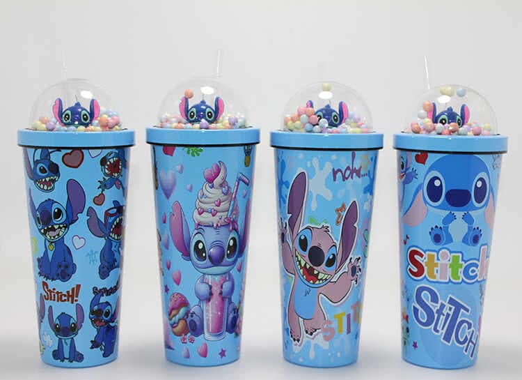 Sevimli Stitch Pipetli Boncuklu Termos Ve Suluk