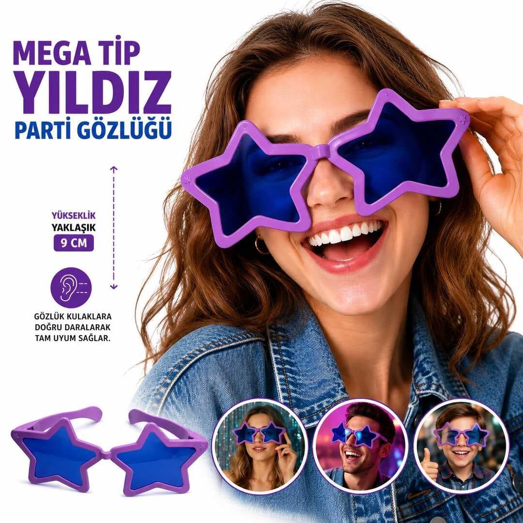 Mega Tip Yıldız Parti Gözlüğü Mor Renk (5430)