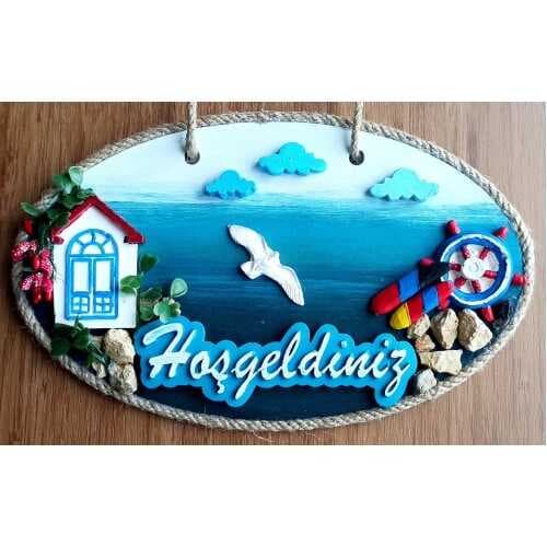 Sahil Kasabası Hoşgeldiniz Yazılı El Yapımı Kapı Süsü