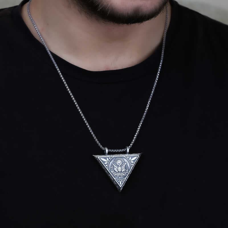 925 Ayar Gümüş Üçgen İçi Açılabilen Osmanlı Arma Muskalık Gümüş Kolye (T6013) (477477)