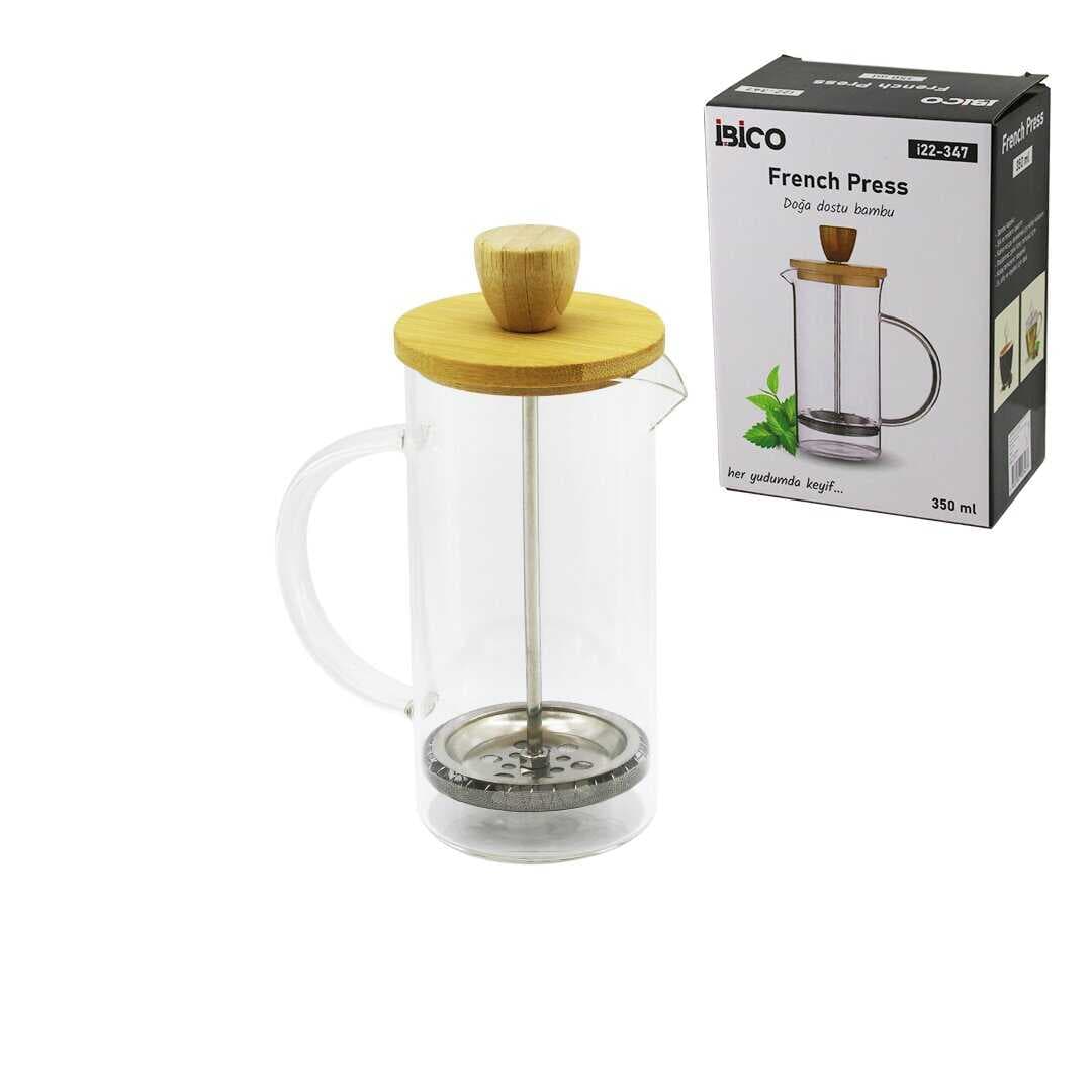 FRENCH PRESS BAMBU KAPAK 350ML CAM BİTKİ SÜZGEÇİ (5430)
