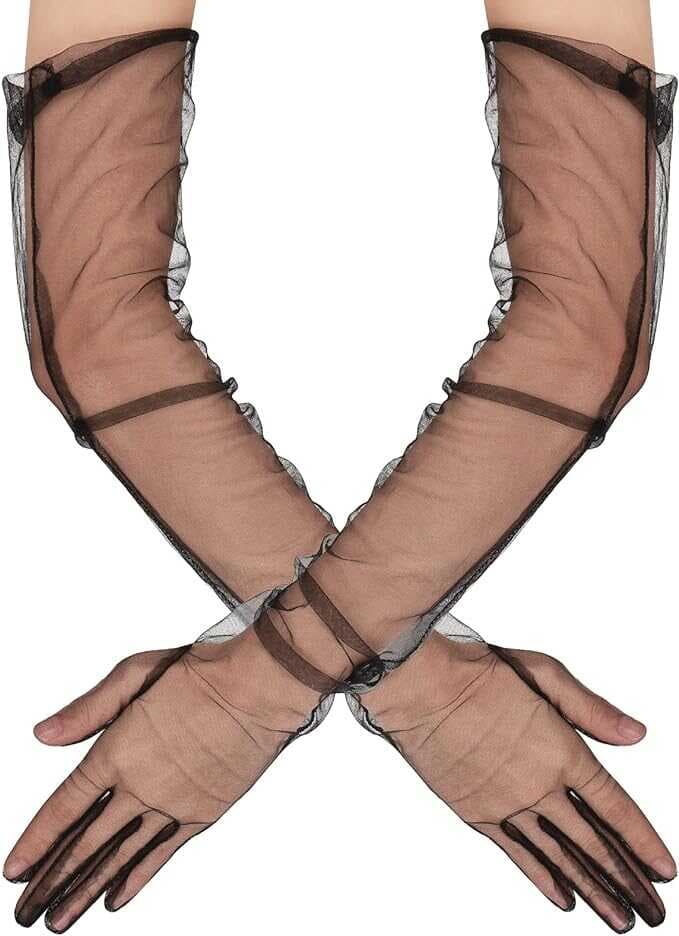 Uzun Boy Likralı Siyah Renk Yetişkin Mega Tül Eldiven 53 cm (5430)