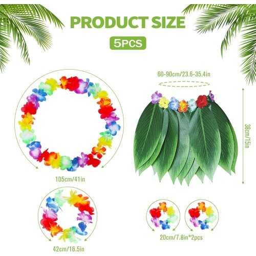 Çocuk Hawaii Kostüm Seti - Yaprak Etek &amp; Hawaii Set - 5 Parça