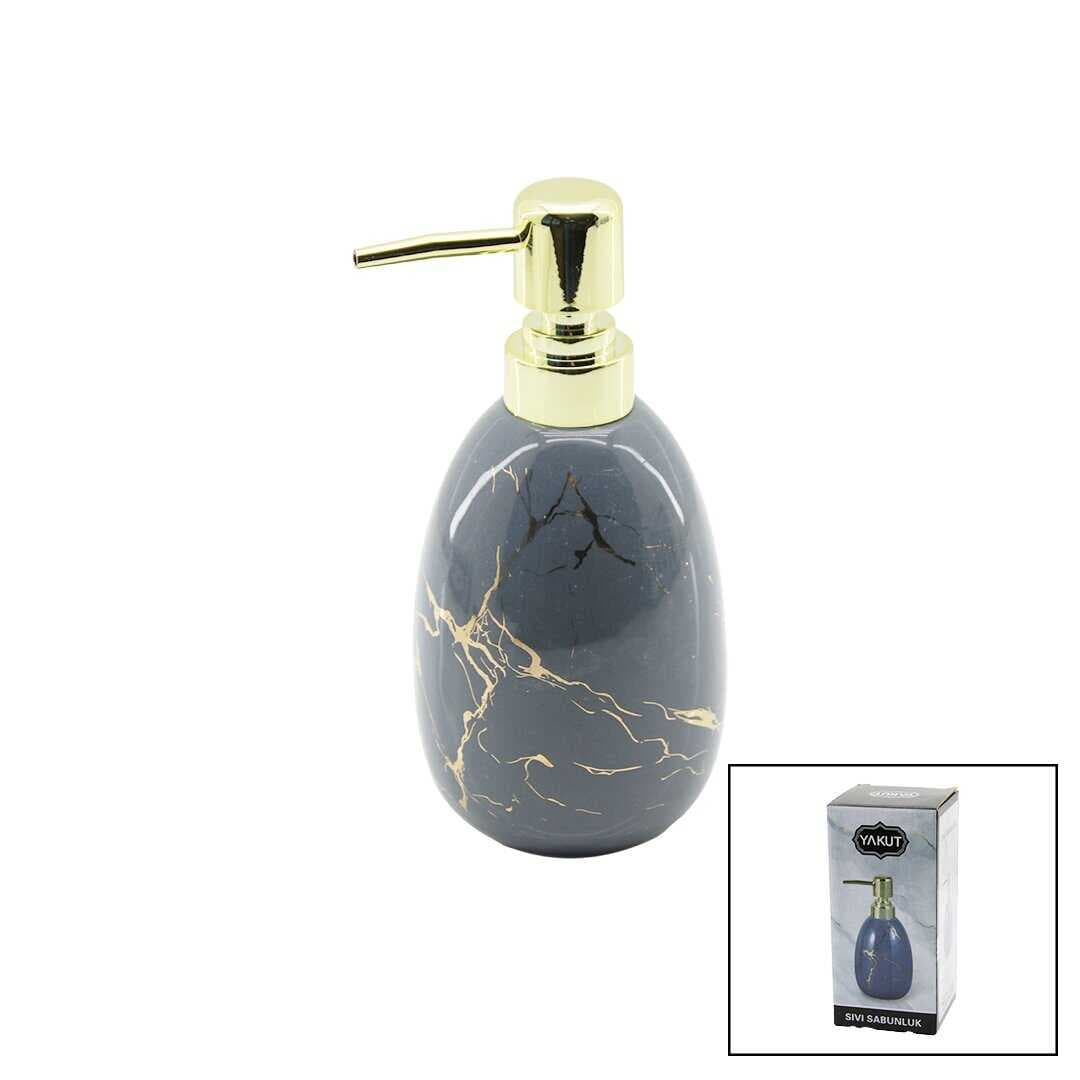 DİKEY TOMBUL GRİ MERMER DESEN SERAMİK SIVI SABUNLUK GOLD KAPAK (5430)