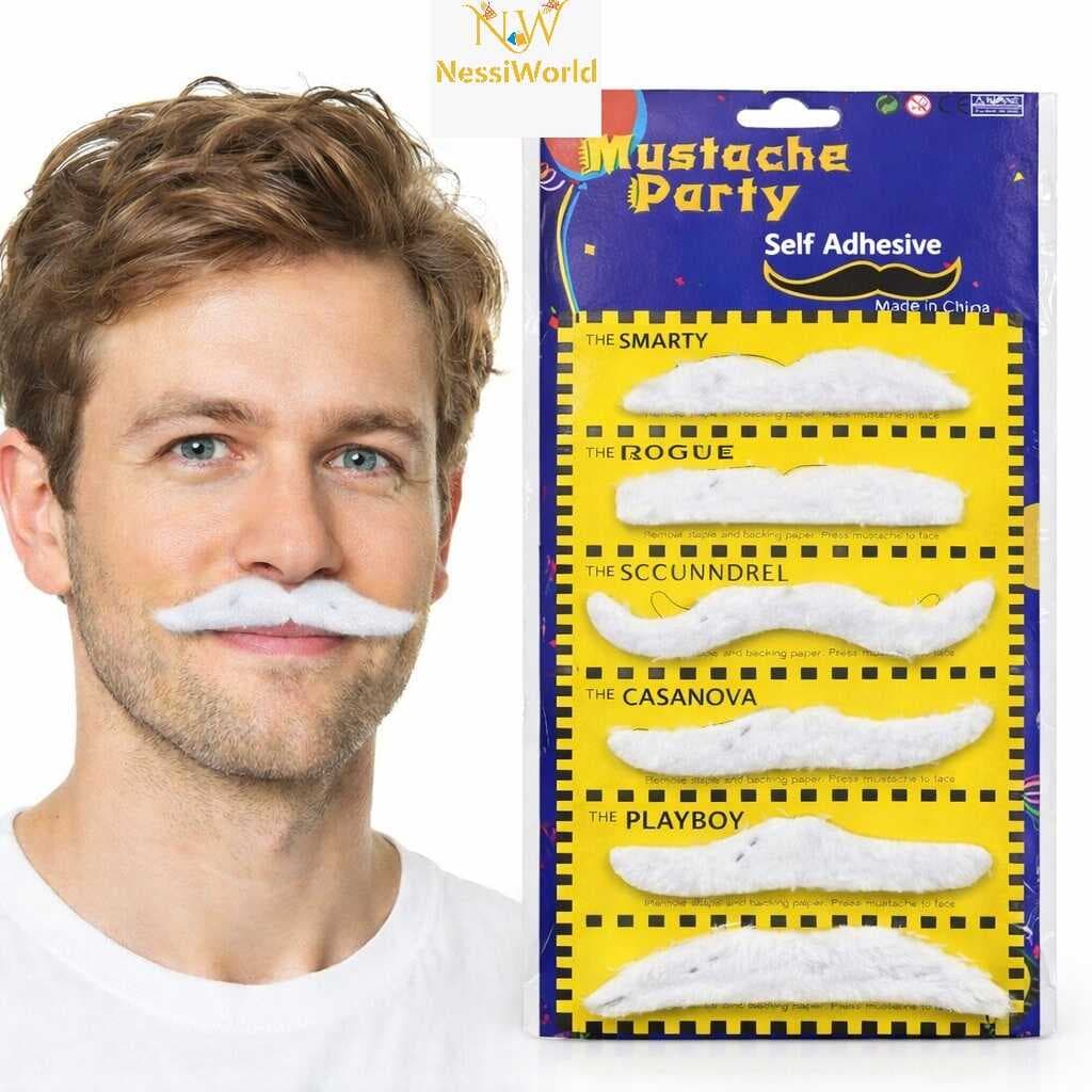 6’lı Yapışkanlı Beyaz Parti Bıyık Seti – Farklı Modeller