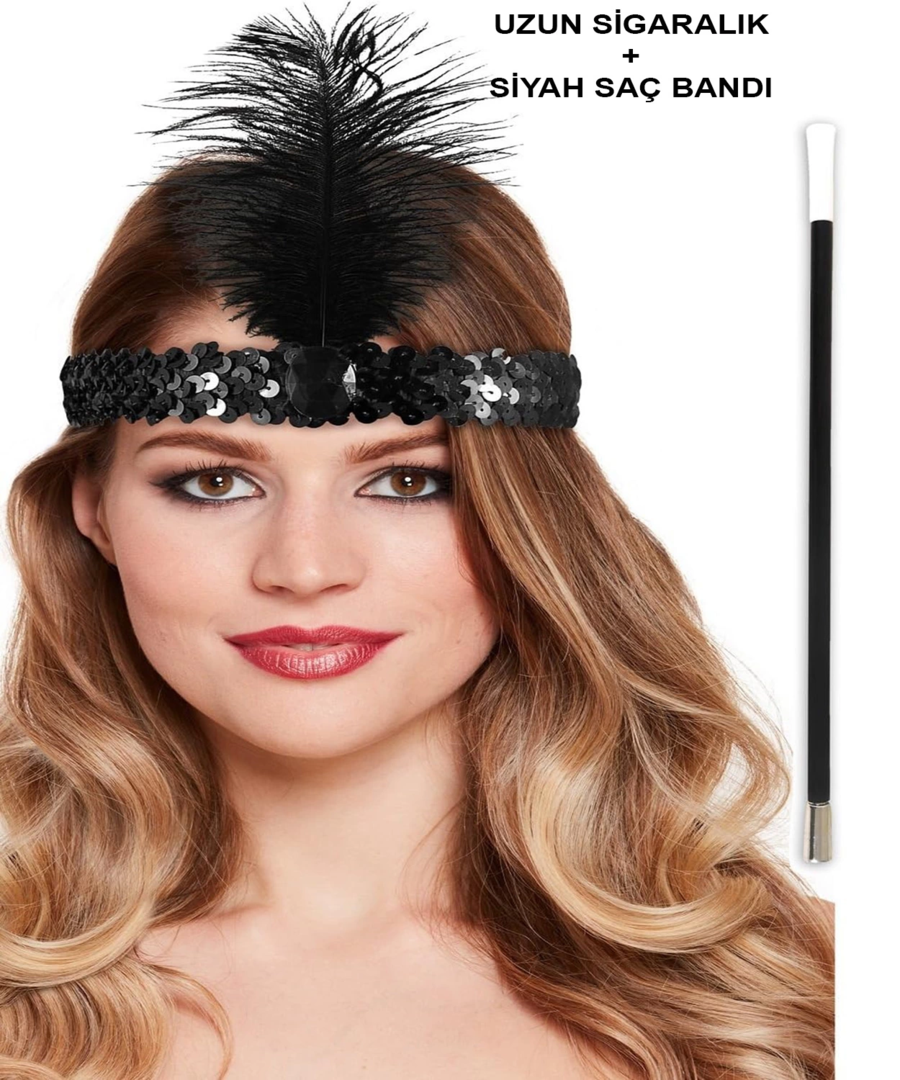192039ler Gatsby Aksesuar Seti – Siyah Charleston Saç Bandı  Lık