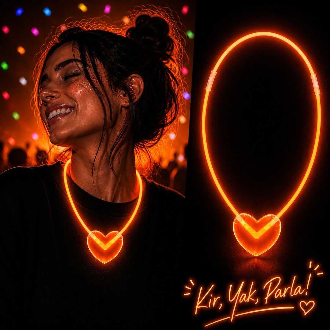 Neon Işıklı Fosforlu Kalp Parti Kolyesi Turuncu Renk (5430)