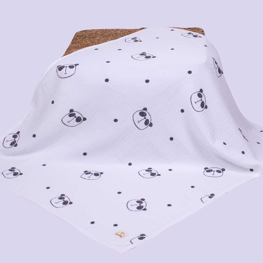 ARBABABY %100 ORGANİK PAMUK 4 KATLI DESENLİ MUSLİN BEBEK BATTANİYESİ - PANDA TEMALI