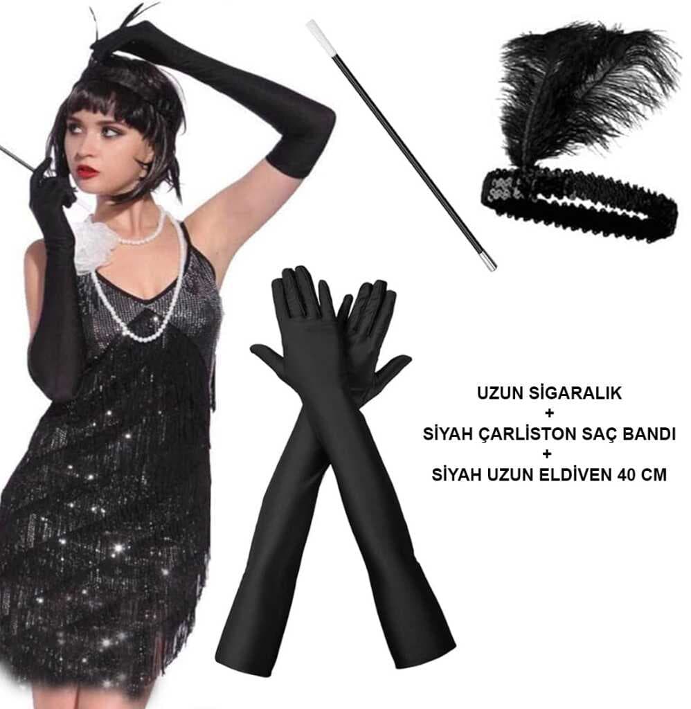Gatsby Aksesuar Seti – Siyah Charleston Saç Bandı, Uzun Eldiven &amp; Sigaralık