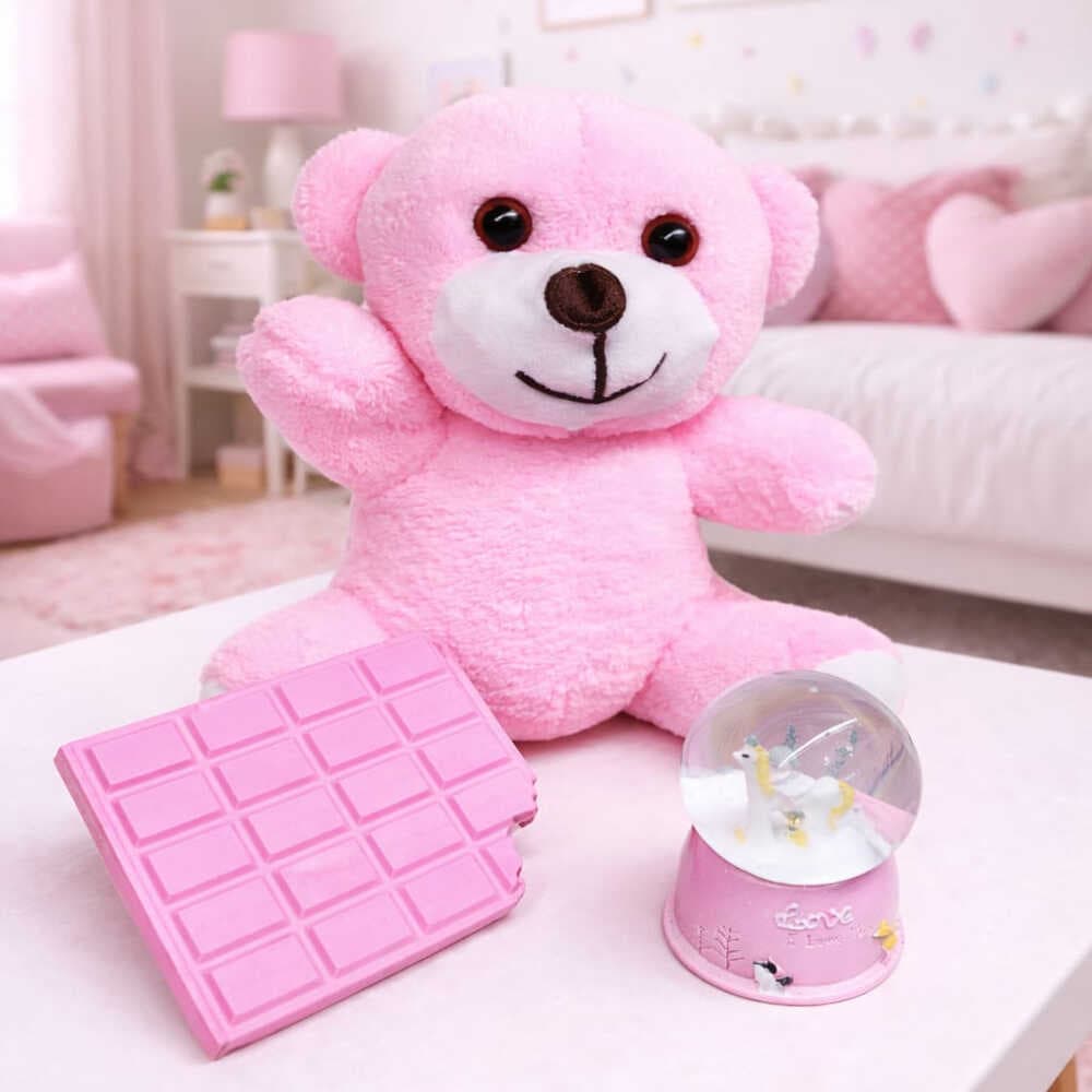 Pembe Peluş Ayıcık, Kar Küresi Ve Pembe Çikolata Not Defteri Hediye Seti