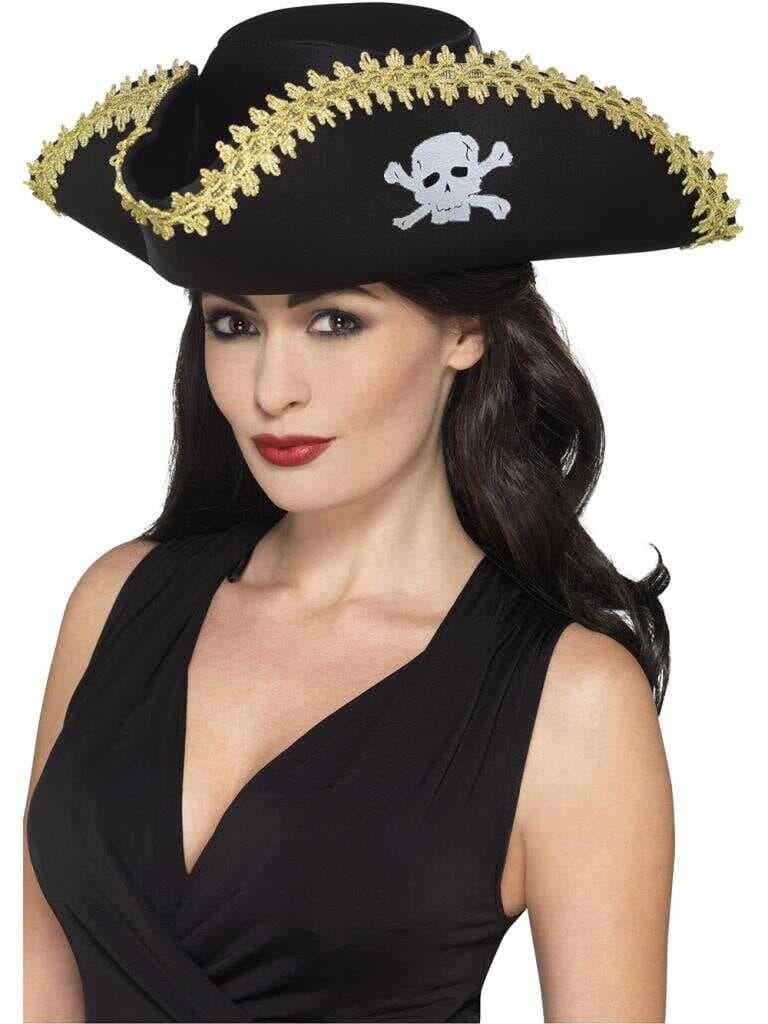 Nessiworld Yetişkin Siyah Denizci Korsan Şapkası Kenarları Altın İşlemeli