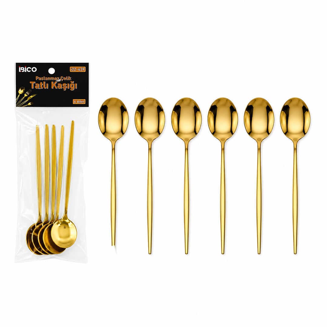 6 Parça Tatlı Kaşığı Seti - Gold Renk - Paslanmaz Çelik