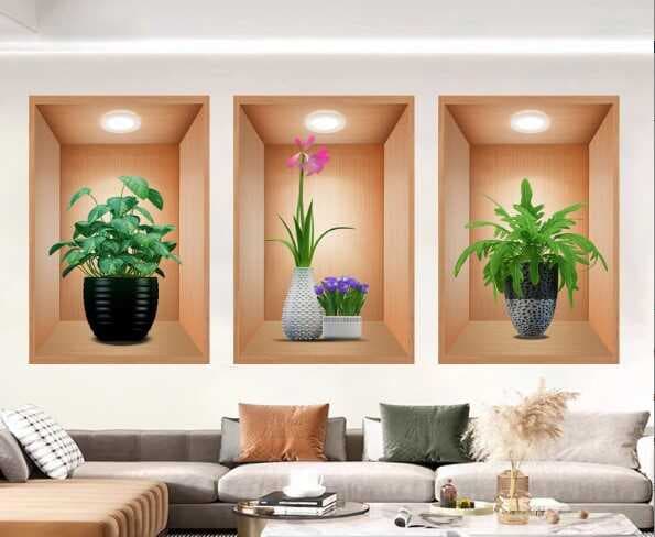 Nessiworld 3D Çiçek Vazo Duvar Sticker 3 lü Set Kahverengi Fon