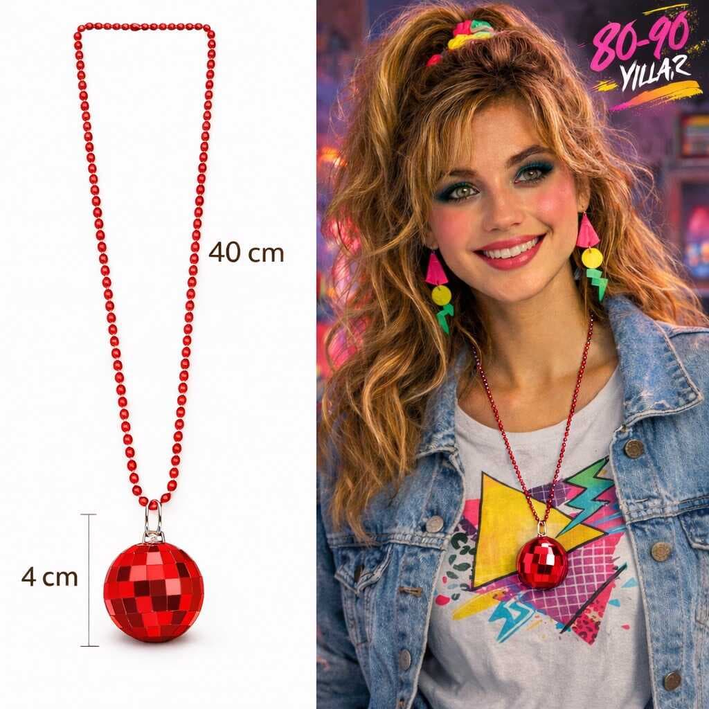 Retro Disko Topu Şekilli 80&amp;apos;ler 90&amp;apos;lar Kırmızı Renk Plastik Kolye (5430)