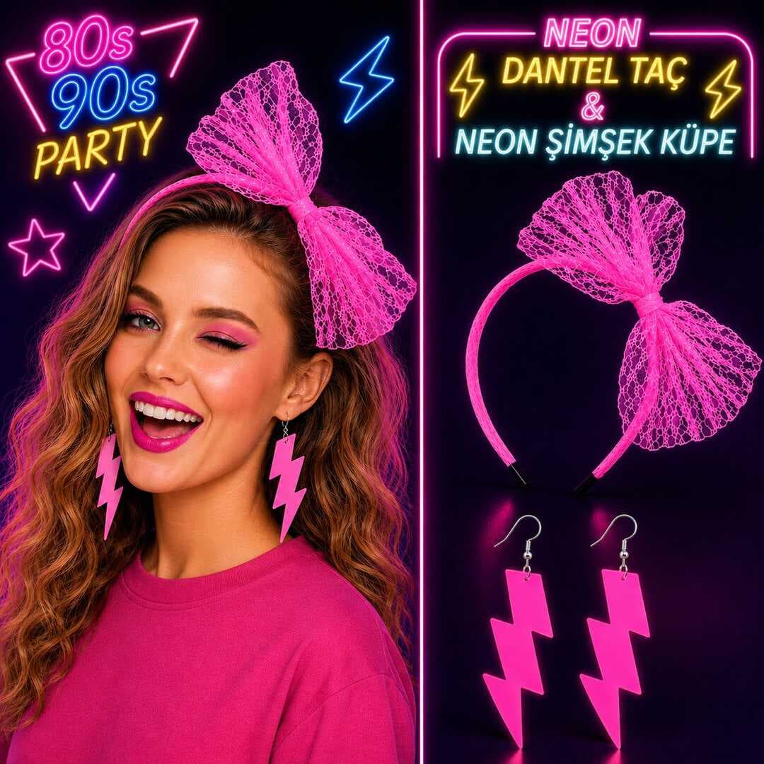 Neon Pembe Dantel Taç ve Şimşek Küpe 80&amp;apos;ler 90&amp;apos;lar Parti Seti (5430)
