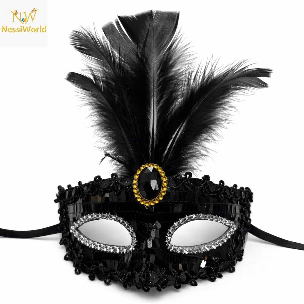 Lüks Siyah Tüylü Taşlı Balo Maskesi