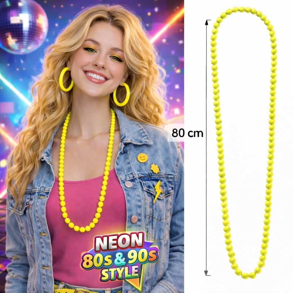 Neon Sarı Boncuk Kolye 80 cm – Retro 80’ler 90’lar Parti Aksesuarı (5430)