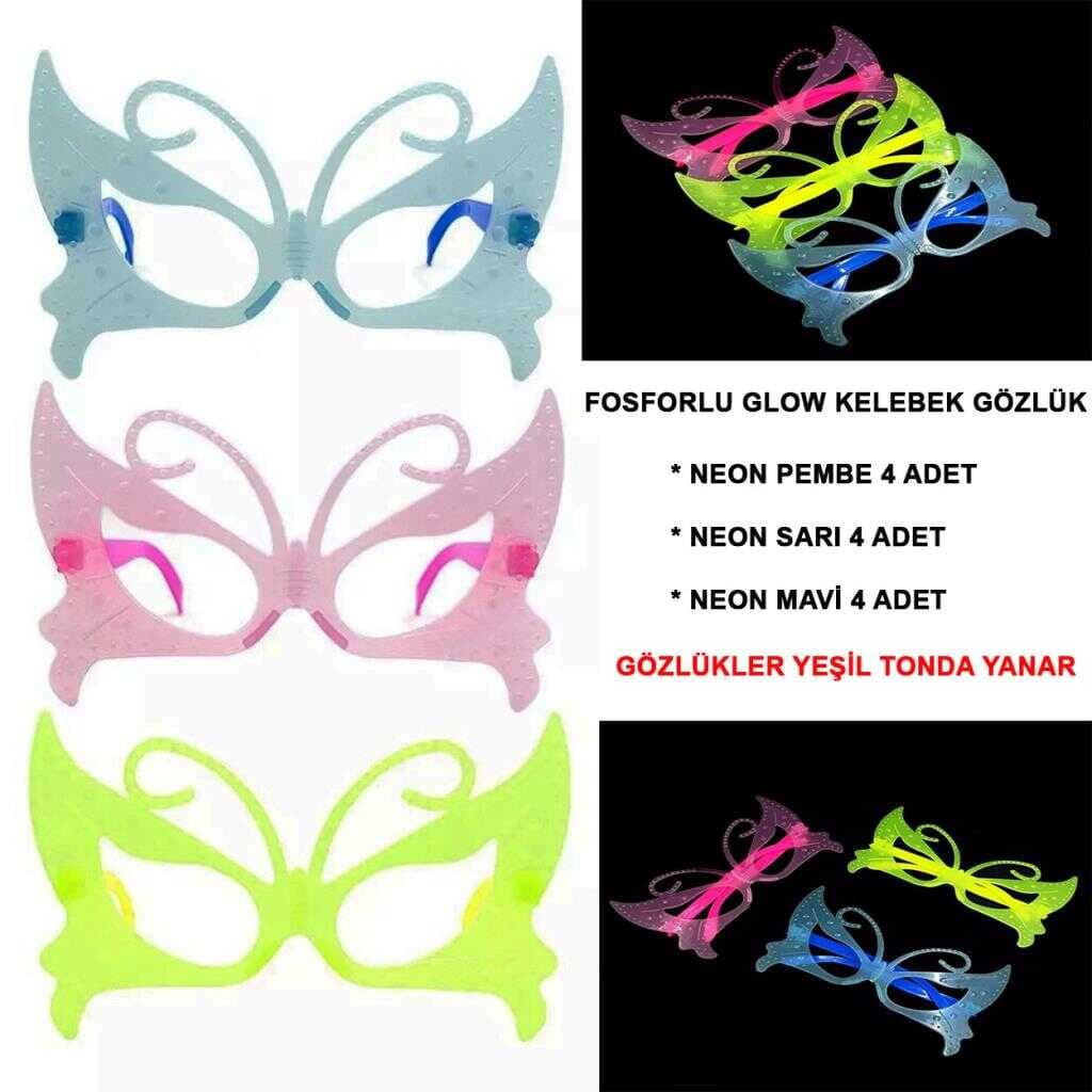 Nessiworld Fosforlu Kelebek Model Glow Parti Gözlüğü Karanlıkta Yanan Gözlükler 12 Adet