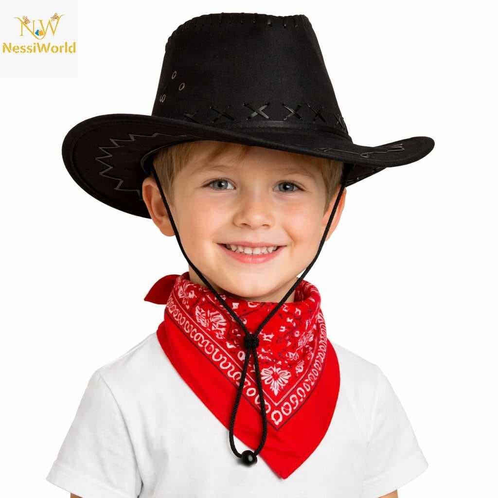 Çocuk Kovboy Şapka Siyah &amp; Kırmızı Bandana Seti