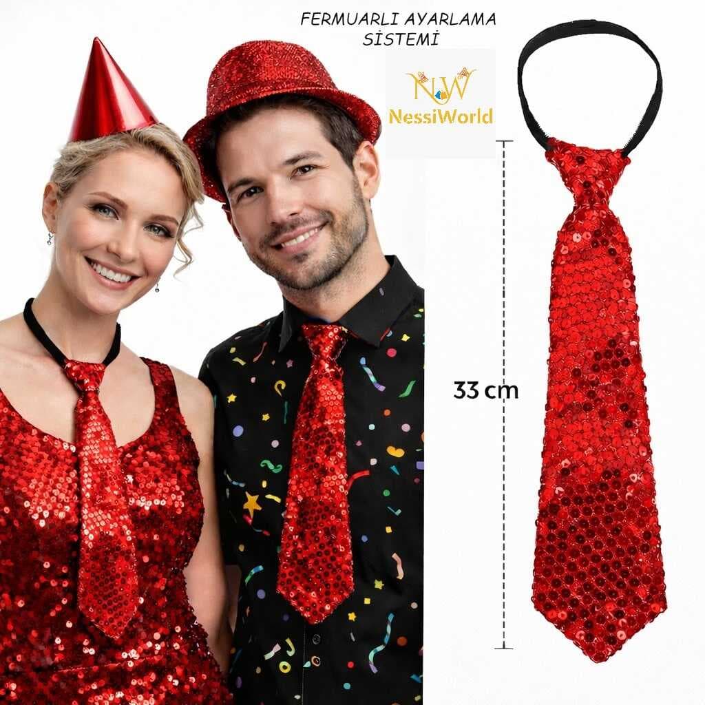 Kırmızı Pul Payetli Işıltılı Parti Kravatı 33 cm