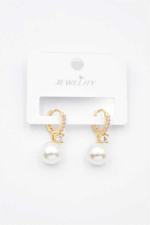 Taşlı İnci Küpe - Altın