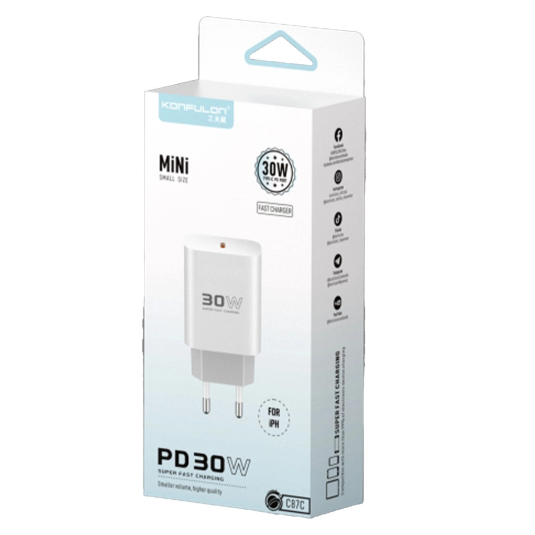 C87c 30w Type-c Çıkışlı Ekstra Dl50 1m Type-c To Lightning Kablolu Pd Şarj Cihazı - Beyaz