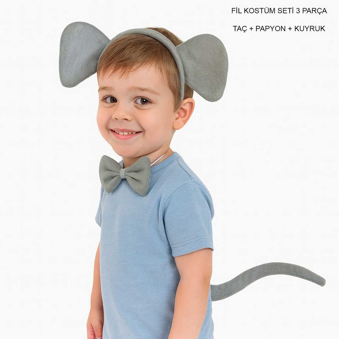 Fil Kostümü Aksesuar Seti 3 lü - Taç Papyon Kuyruk (5430)