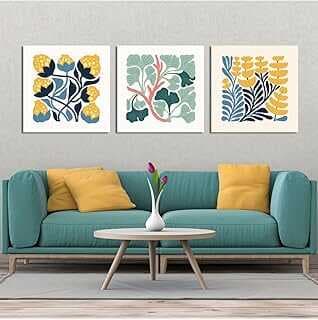 GAAGART 3'lü Kare Kavas Tablo Seti Yeşil Mavi ve Sarı Çiçek Görseli 50 x 50 gartM2009